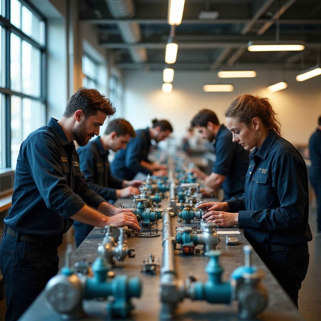 Grupo de técnicos realizando un ejercicio práctico de mantenimiento en un aula taller equipada