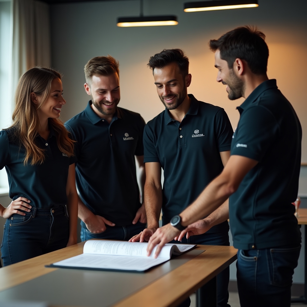 Equipo de formadores conversando en un aula de formación técnica antes de una sesión práctica