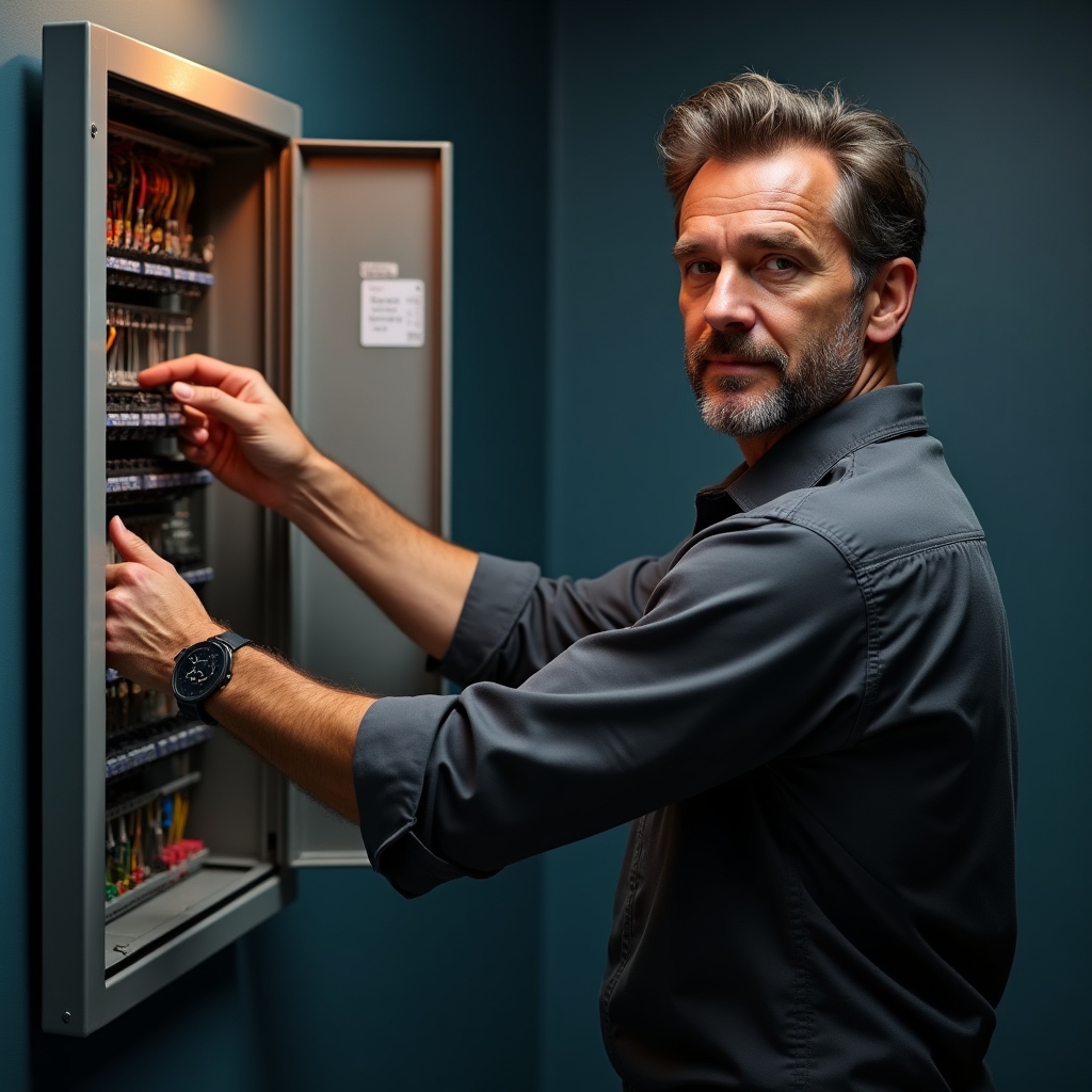 Formador explicando el funcionamiento de un cuadro eléctrico a un grupo de técnicos en formación
