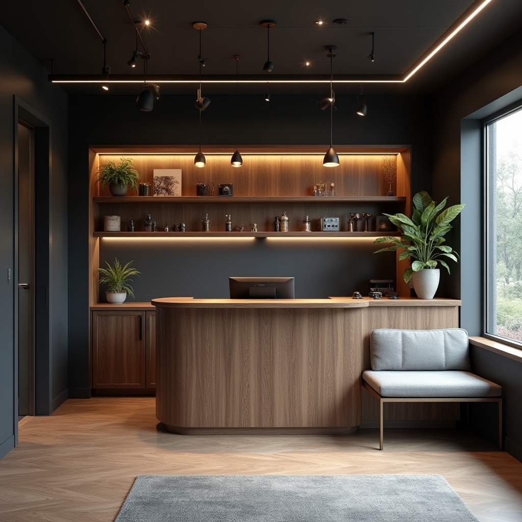 Recepción luminosa del centro de formación Calvorix con mobiliario moderno y materiales técnicos expuestos