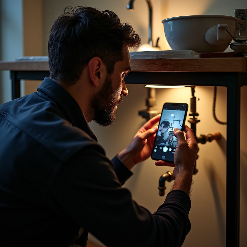 Técnico de mantenimiento fotografiando una instalación reparada para documentar la intervención en la aplicación